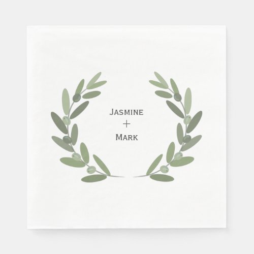 Green olive branch wreath personalize napkins