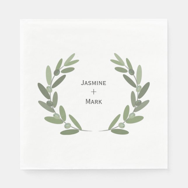 Green olive branch wreath personalize napkins (Front)