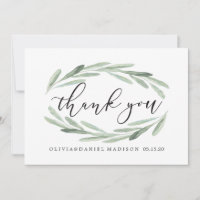 Green Olive Branch Wreath Wedding Thank You Card