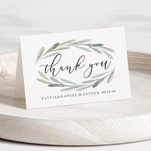 Green Olive Branch Wreath Wedding Thank You Card