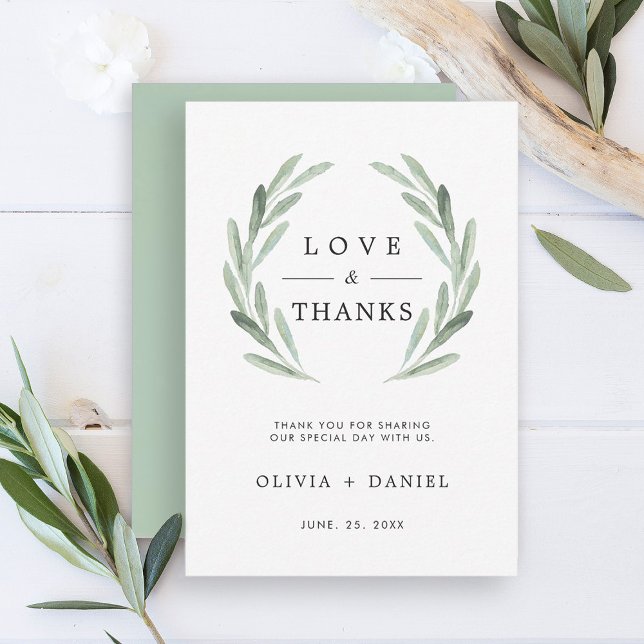 Green Olive Branch Wreath Wedding Thank You Card (Front & Back)