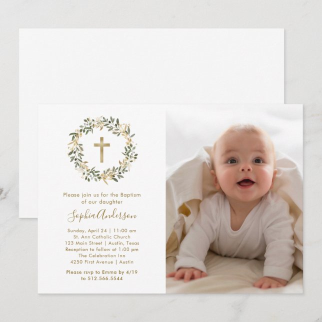 Green Olive Branches and Gold | Photo Baptism Invitation (Front/Back)