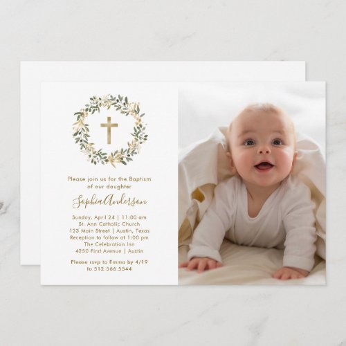Green Olive Branches and Gold  Photo Baptism Invitation
