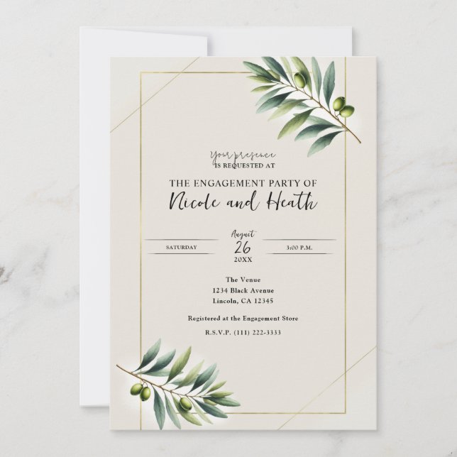 Green Olive Leaf Bone White Gold Engagement Party Invitation (Front)