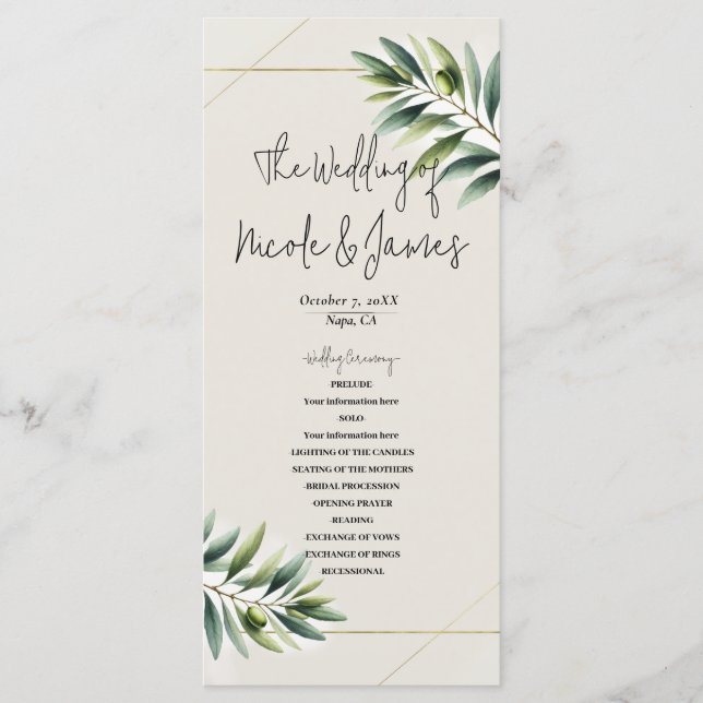 Green Olive Leaf Bone White & Gold Rustic Program (Front)