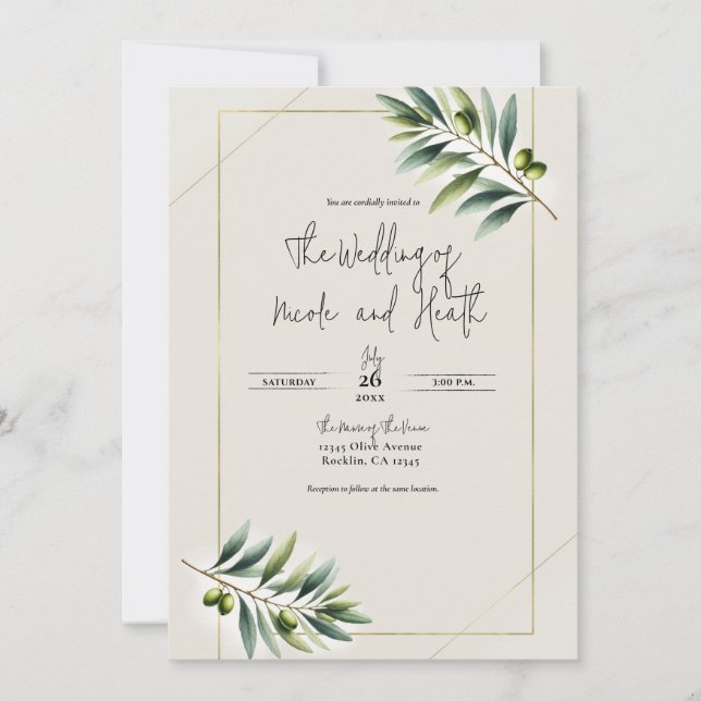 Green Olive Leaf Bone White & Gold Rustic Wedding Invitation (Front)