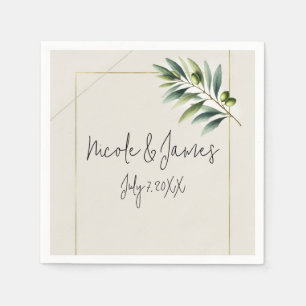 Green Olive Leaf Bone White & Gold Rustic Wedding Napkins