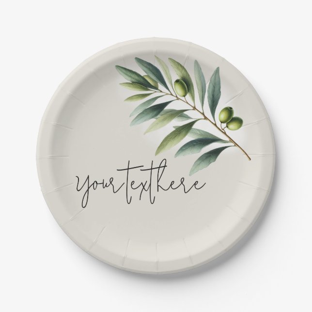 Green Olive Leaf Bone White & Gold Rustic Wedding Paper Plates (Front)