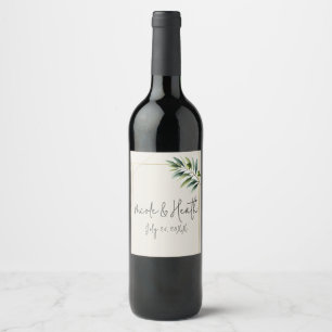 Green Olive Leaf Bone White & Gold Rustic Wedding Wine Label