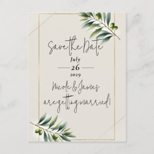 Green Olive Leaf Bone White & Gold Save the Date Announcement Postcard