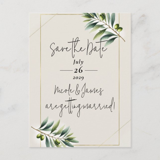 Green Olive Leaf Bone White & Gold Save the Date Announcement Postcard (Front)