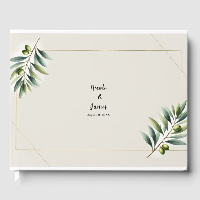 Green Olive Leaf Bone White & Gold Wedding Guest Book (Front)