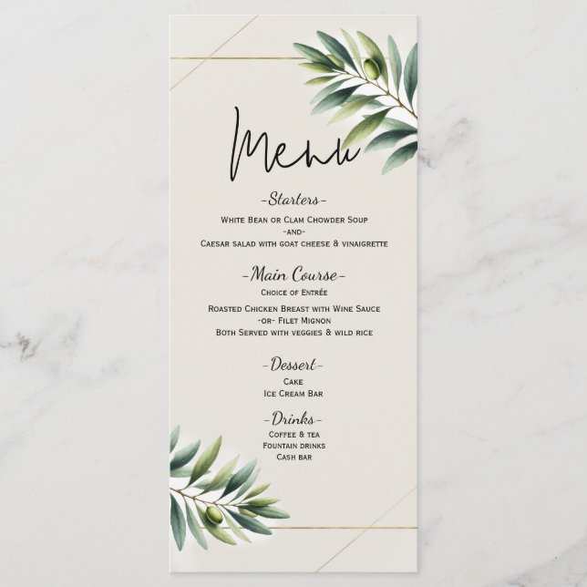 Green Olive Leaf Bone White & Gold Wedding Menu (Front)