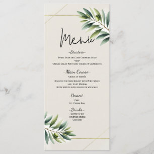 Green Olive Leaf Bone White & Gold Wedding Menu