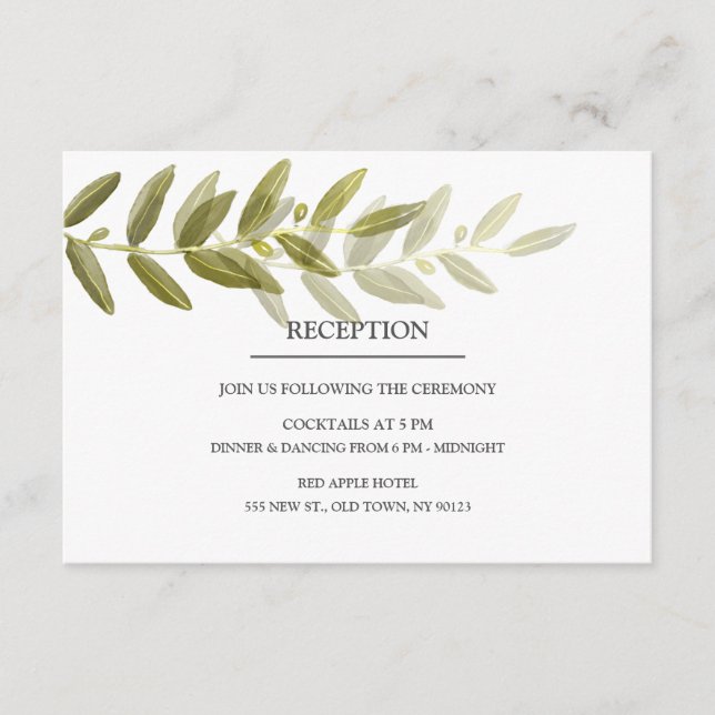Green Olive Leaf Wedding Reception Cards (Front)
