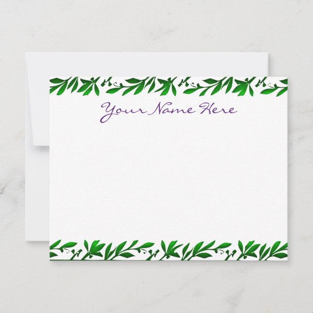 Green Olive Leaves Editable Purple Script Note Card (Front)