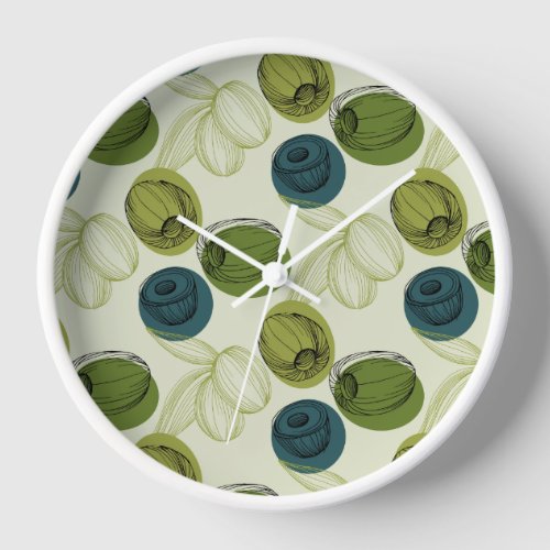 Green Olive Sketch Drawing Pattern Kitchen Clock