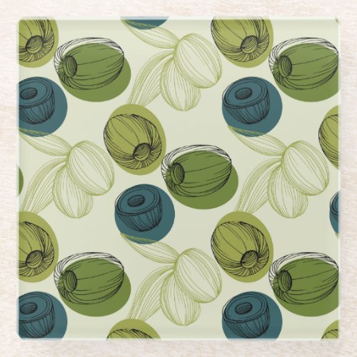 Green Olive Sketch Drawing Pattern Kitchen Glass Coaster