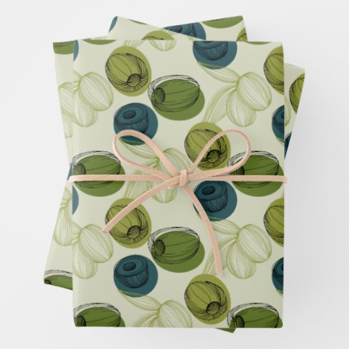 Green Olive Sketch Drawing Pattern Wrapping Paper Sheets