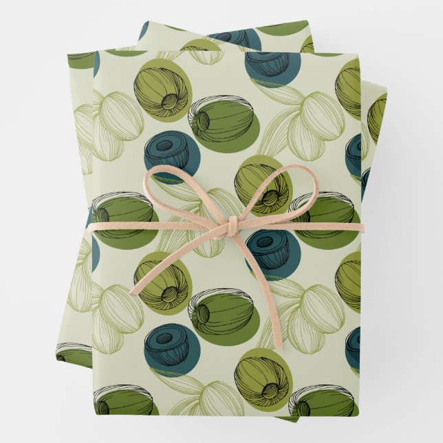 Green Olive Sketch Drawing Pattern Wrapping Paper Sheets (In situ)