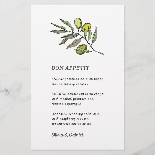 Green Olive. Stylish fancy modern wedding menu (Front)