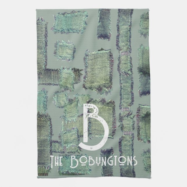 Green olive teal gray monogram abstract geometric  kitchen towel (Vertical)
