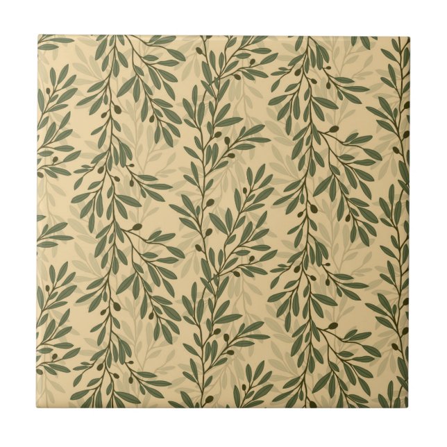 Green Olive Tree Branch Mediterranean Pattern Ceramic Tile (Front)