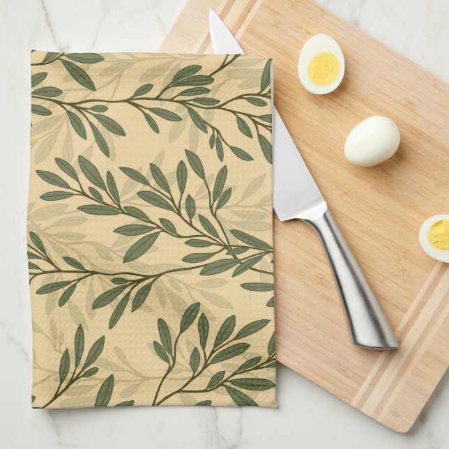 Green Olive Tree Branch Mediterranean Pattern Kitchen Towel (Quarter Fold)