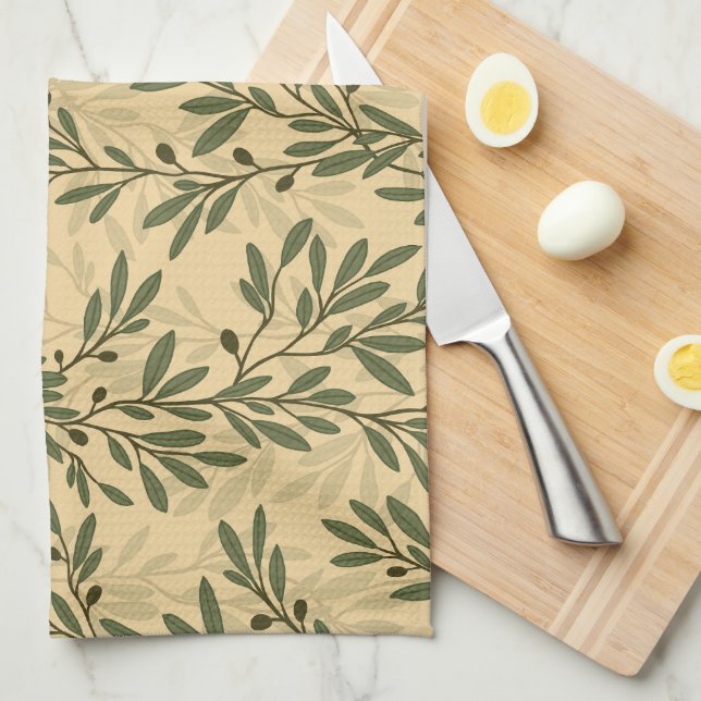 Green Olive Tree Branch Mediterranean Pattern Kitchen Towel (Quarter Fold)