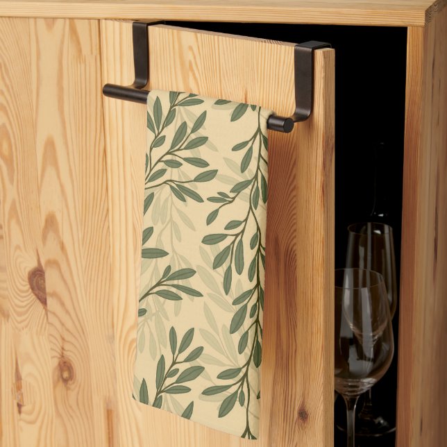 Green Olive Tree Branch Mediterranean Pattern Kitchen Towel (Thirds Fold)