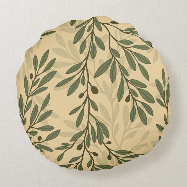 Green Olive Tree Branch Mediterranean Pattern Round Pillow (Back)