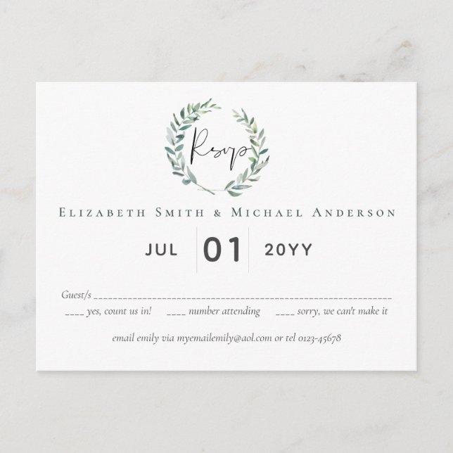Green Olive Wreath Greenery Budget Wedding RSVP Postcard (Front)