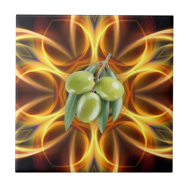 Green Olives ~ 0308 ~ Gold Russet Background ~  Ceramic Tile (Front)