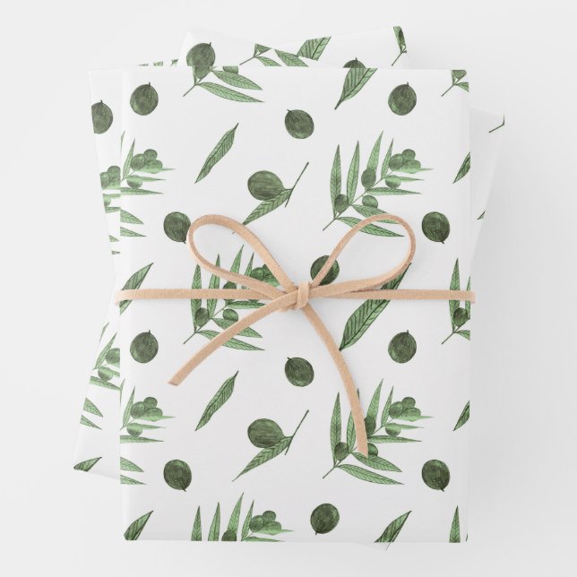 Green Olives and Olive Branches Wrapping Paper Sheets (In situ)