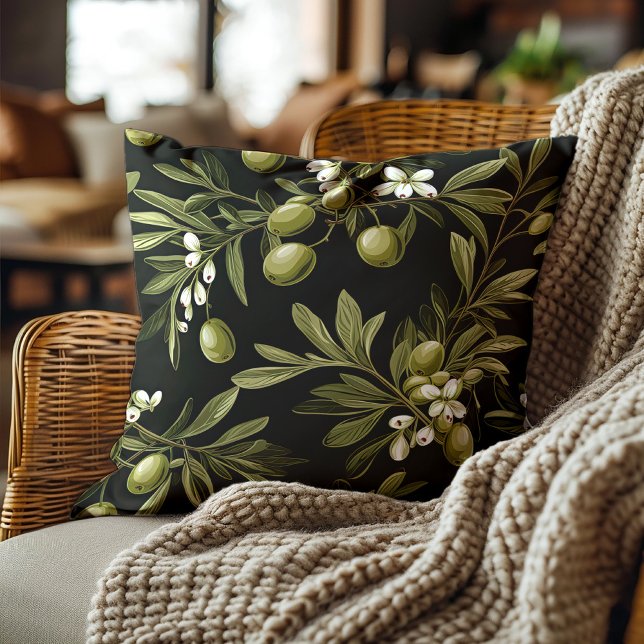Green Olives Leaves Black Elegant Botanical  Throw Pillow (Green olives on black decorator pillow)