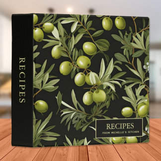 Green Olives Leaves Black Elegant Recipe Cookbook 3 Ring Binder