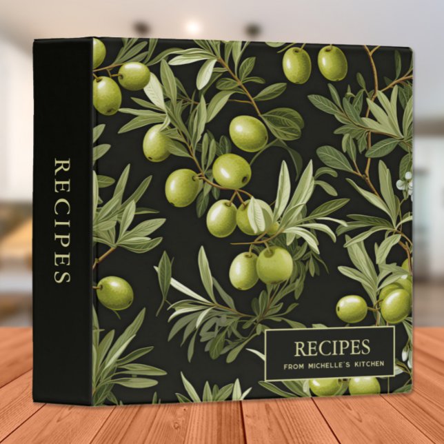 Green Olives Leaves Black Elegant Recipe Cookbook 3 Ring Binder (Elegant green olives and leaves on black custom recipe/cookbook binder)
