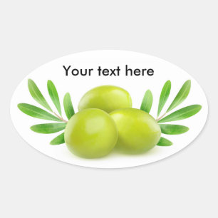 Green olives with decorative branches oval sticker