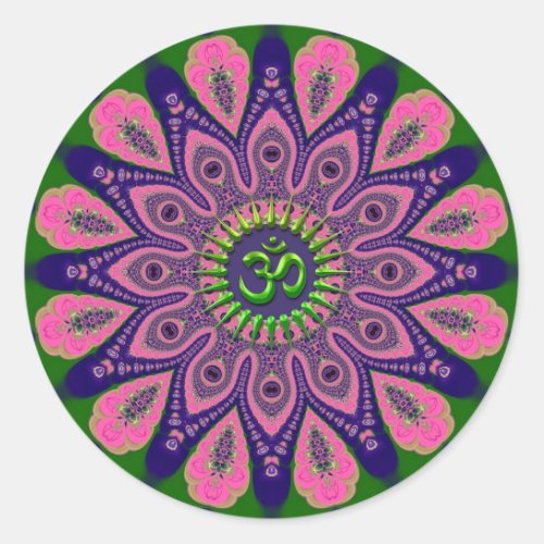 Green Om Funky Pink and Indigo Mandala Classic Round Sticker