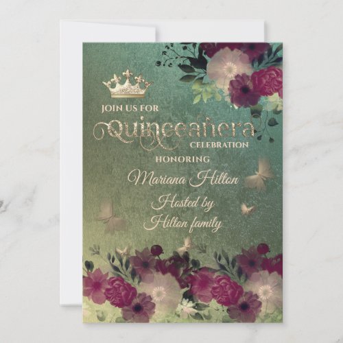 Green ombre butterfly floral garden Quinceaera  Invitation