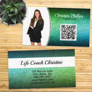 Green Ombre Faux Glitter Custom Photo QR Business Card