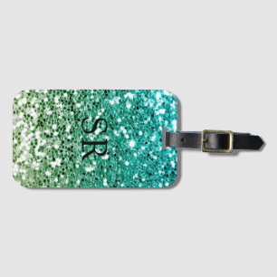 Green Ombre Glitter Effect Monogram Initials Luggage Tag
