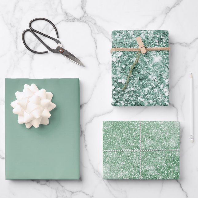 Green Ombre Glitzy Glitter Wrapping Paper Sheets (Front)