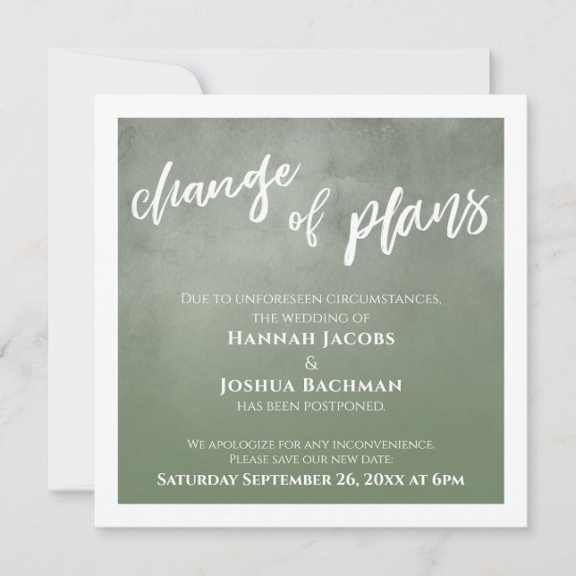 Green Ombre Postponed Wedding Change of Plans Card (Front)