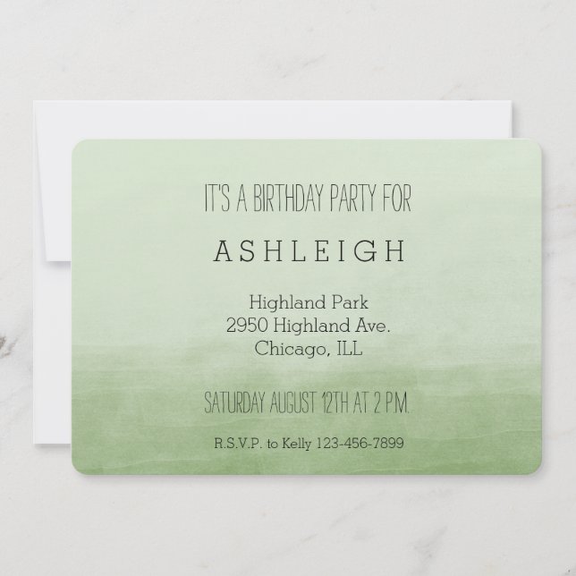 Green Ombre Watercolor birthday Invitation (Front)