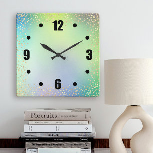 Green ombre watercolor gold confetti dots chic square wall clock