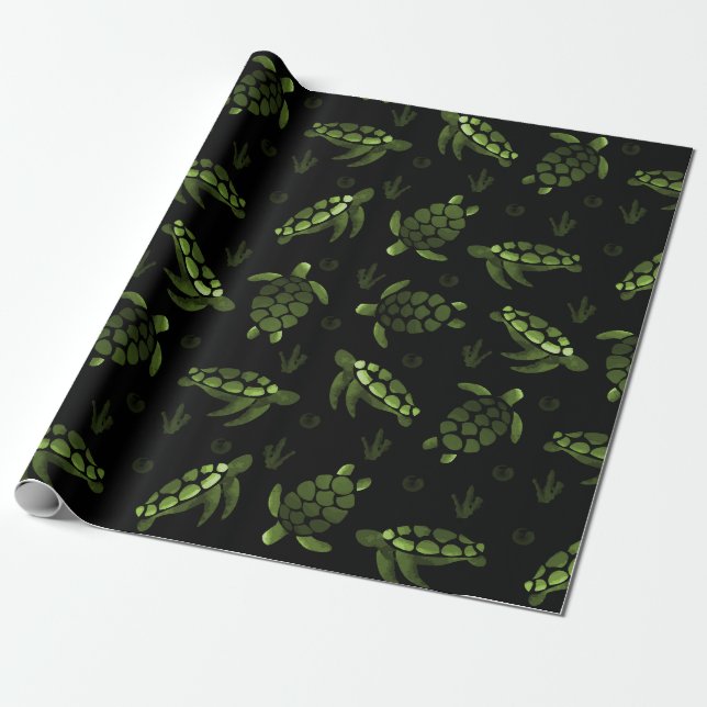 Green Ombre Watercolor Sea Turtle Print Wrapping Paper (Unrolled)
