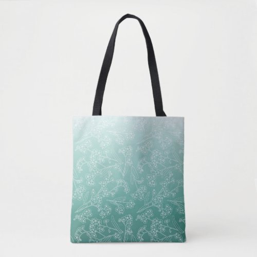 Green Ombre White Flower Pattern Botanical Floral Tote Bag