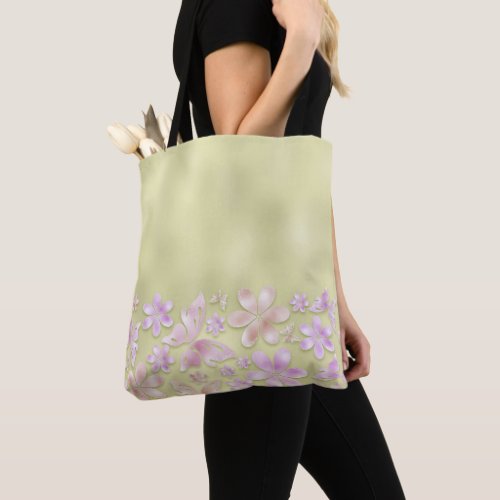 GREEN OMBRE WITH PINK BUTTERFLIES  FLOWERS TOTE BAG