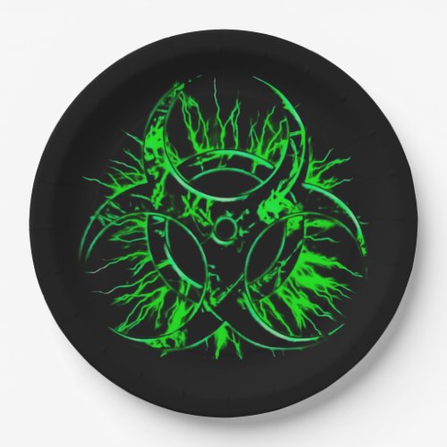 Green on black biohazard toxic warning sign symbol paper plates